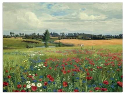 Tile Mural FIELD WITH POPPIESDAISIES flowers Backsplash Four Inch Marble