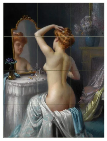 Tile Mural Girl at the mirror woman flowers Backsplash 4.25" Ceramic Glossy