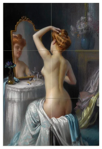 Tile Mural Girl at the mirror woman flowers Backsplash 6" Ceramic Matte