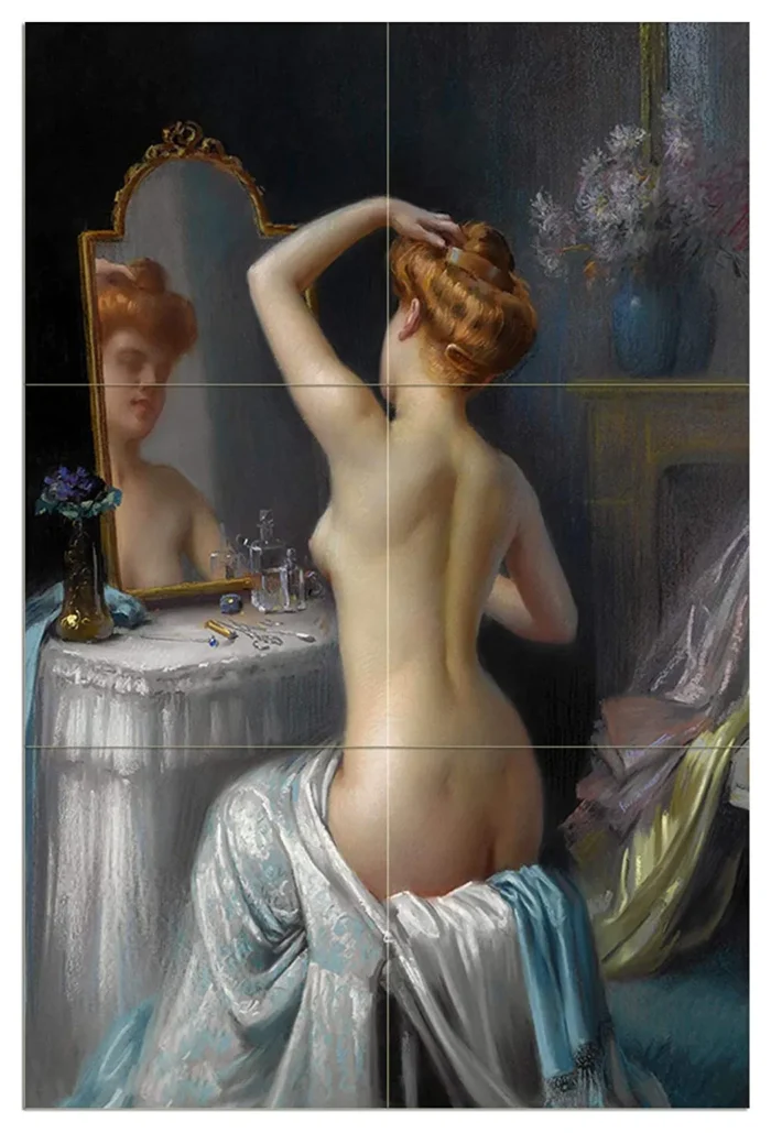 Tile Mural Girl at the mirror woman flowers Backsplash 6" Ceramic Matte - Image 1