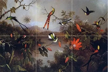 Tile Mural Kitchen Backsplash Passion Flowers With Hummingbirds, Marble