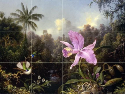 Tile Mural, Orchid and Two Hummingburds Marble Matte