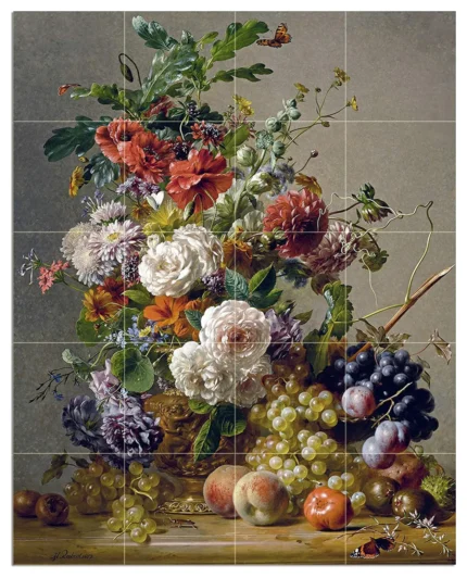 Tile Mural STILL LIFE DAHLIAS NASTURTIUMS Backsplash 4.25" Ceramic Glossy