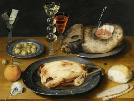 Tile Mural Still Life Roast Chicken Olives Plate Bread Roll, 6"x8", Glossy