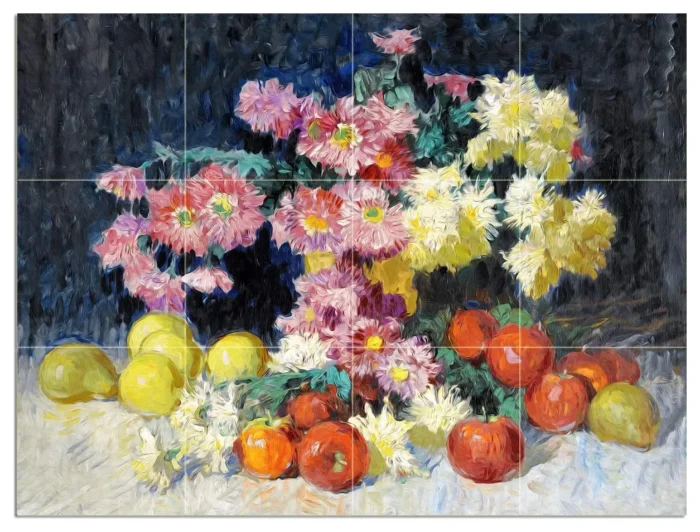 Tile Mural STILL LIFE WITH FLOWERSFRUIT Backsplash Four Inch Marble - Image 1