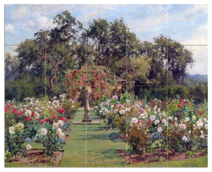 Tile Mural SUNDIAL IN A ROSE GARDEN flowers Backsplash 4.25" Ceramic Matte
