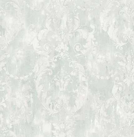 Traditional Weathered Damask Wallpaper Bolt, Blue-Gray