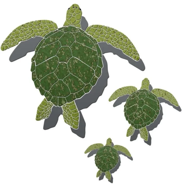 Turtle Family Ceramic Swimming Pool Mosaic with shadows, Green - Image 1