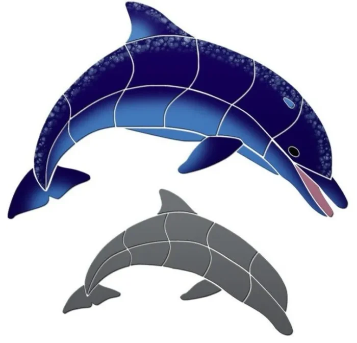 Up Swimming Dolphin Ceramic Swimming Pool Mosaic 12"x6" with shadow, Blue - Image 1