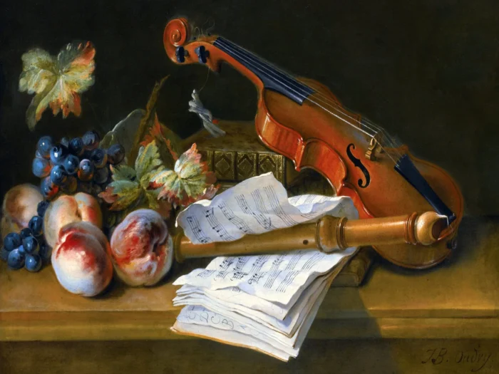 Violin Books Music Peaches Grapes J. Oudry Tile Mural Backsplash, 6"x8", Matte - Image 1