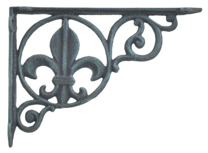 Wall Shelf Bracket Brace, Fleur De Lis Pattern, Verdigris Cast Iron, 8.625"