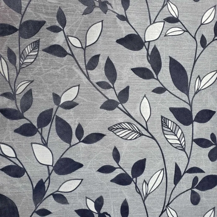 Wallpaper gray silver navy blue flocked Textured floral leaves, 27 Inc X 33 Ft R - Image 1