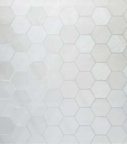 Wallpaper Hexagon white ivory metallic fabric textured, Roll 27 Inc X 33 Ft