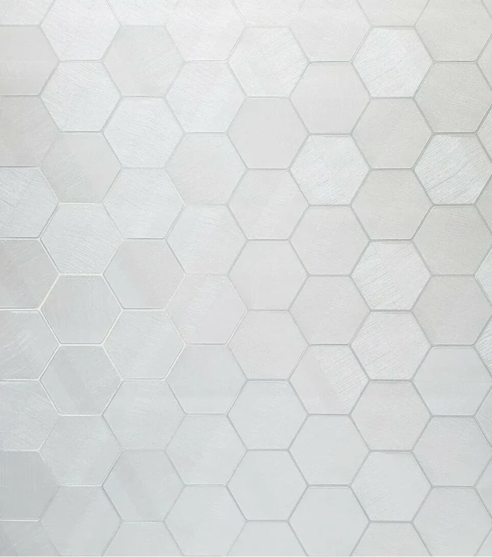 Wallpaper Hexagon white ivory metallic fabric textured, Roll 27 Inc X 33 Ft - Image 1