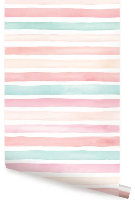 Watercolor Stripes Peel and Stick Vinyl Wallpaper, Coral Mint, 24"w X 60"h
