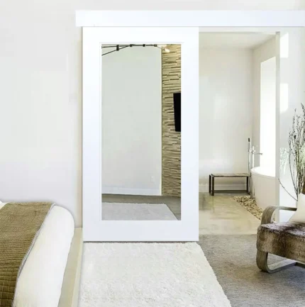 White Primed Mirror Sliding Barn Door with Hardware Kit., Hardware With Fascia, 28"x81" Inches, 1x Mirror One-Side