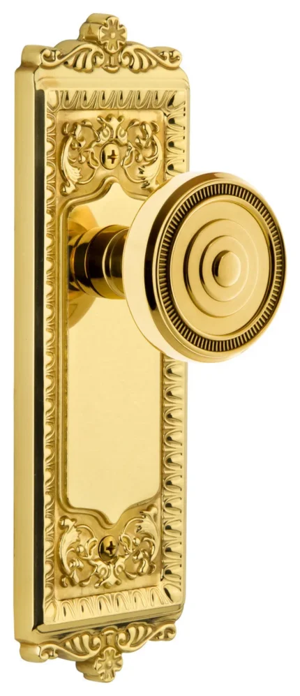 Windsor Plate Passage with Soleil Knob in Polished Brass