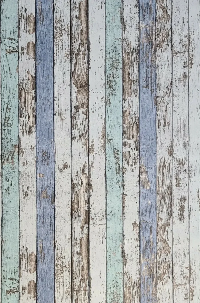 Worn distressed white blue faux wood planks 3D Wallpaper, 21 Inc X 33 Ft - Image 1