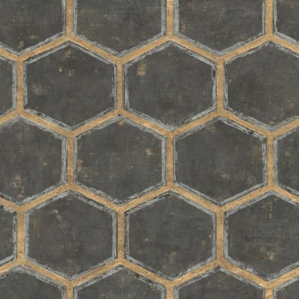 Wright Hexagonal Wallpaper, Metallic Silver, Gold, and Ebony