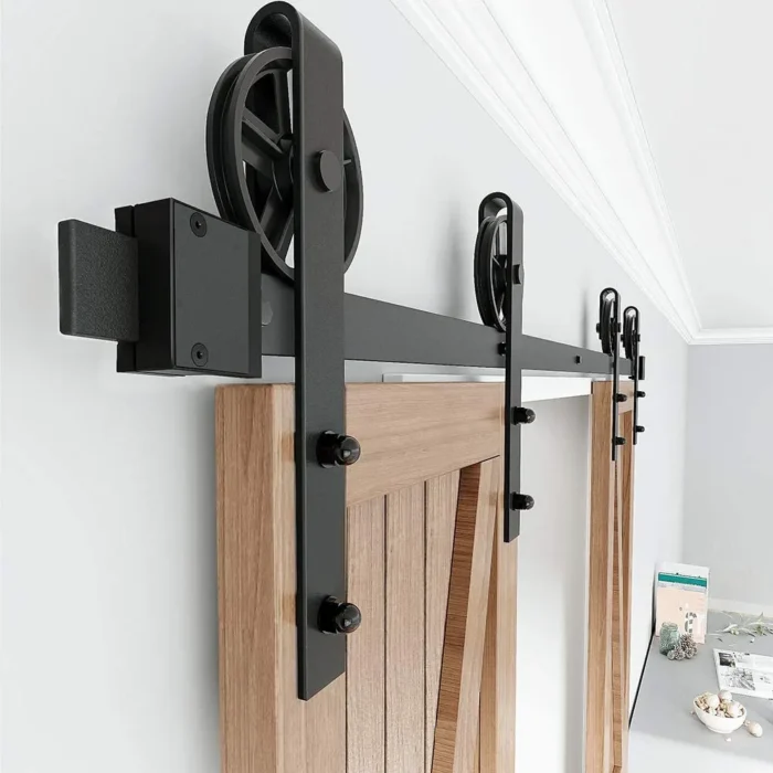 ZEKOO Wood Double Sliding Barn Door Hardware Black Big Wheel Roller Kit, 4' - Image 1